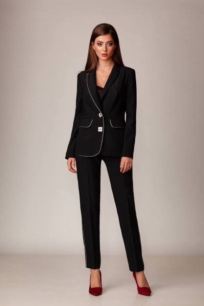 Черный классический брючный костюм жакет и брюки с металлическим кантом Rosheli 554 - фото 1