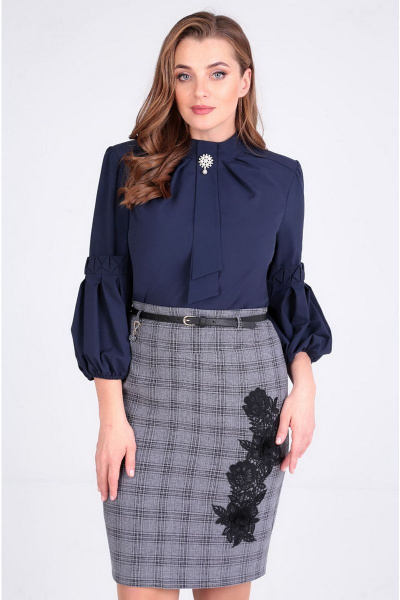 Деловая юбка из текстиля в клетку с кружевной аппликацией Таир-Гранд 6011 серый-крупная_клетка - фото 1
