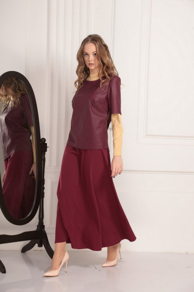 Кожаная блузка-топ с разрезами и модным трендом AMORI 6184 вишня - фото 2