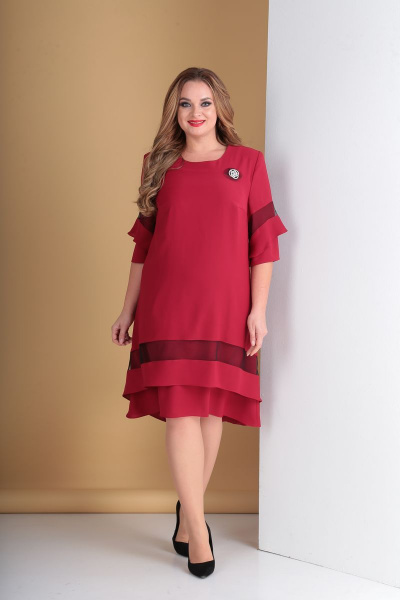 Платье нарядное А-силуэта с сеткой и воланом Tensi 279 вишня - фото 1