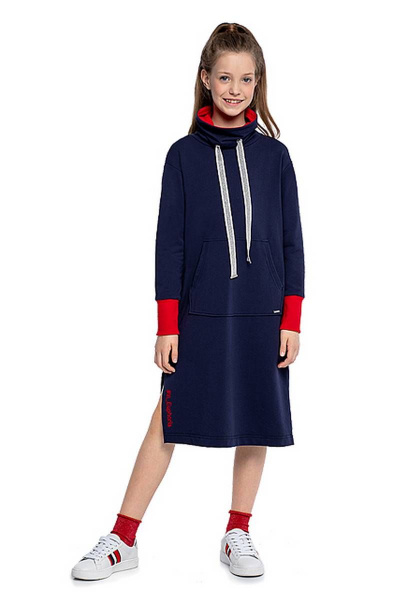 Платье с высоким воротником и вышивкой из трикотажа Bell Bimbo 192109 т.синий - фото 1