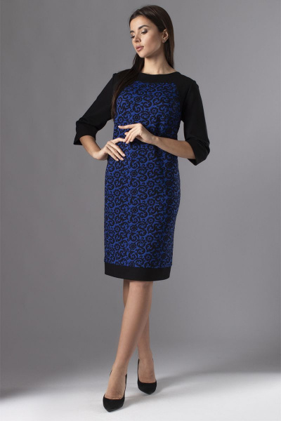 Платье из трикотажа приталенное с молнией и вытачками VIZAVI 613 черный/василек - фото 2