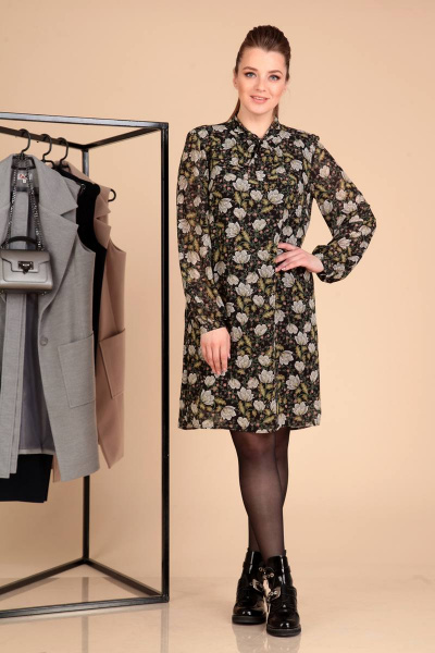 Свободное платье из текстиля с бантом и длинным рукавом Liona Style 596 черный - фото 1