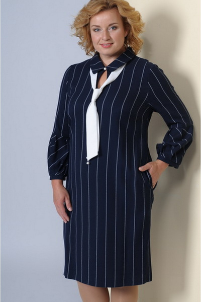 Деловое платье с капелькой и съемным галстуком Golden Valley 4417 т.сине-белый - фото 1