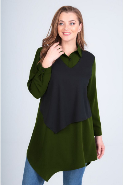 Туника из трикотажа с ассиметричным низом и воротником-стойкой Таир-Гранд 62336 хаки - фото 2