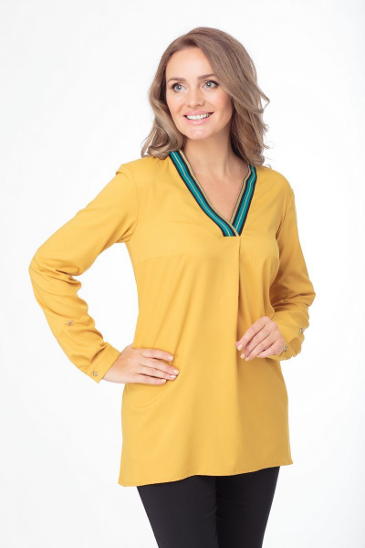 Желтая блузка из мягкой ткани с складкой и V-вырезом Anelli 479 желтый - фото 3
