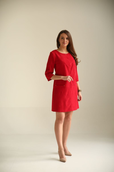 Платье вельветовое А-образное с круглой горловиной Edibor 2044 красный - фото 1