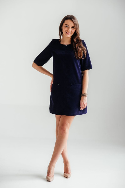Платье вельветовое А-образное с декоративными элементами Edibor 2044 синий - фото 2