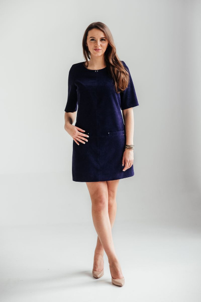 Платье вельветовое А-образное с декоративными элементами Edibor 2044 синий - фото 1