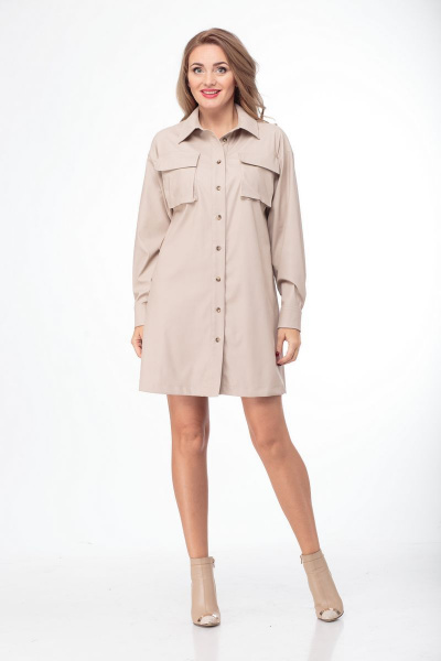Платье-рубашка из эко-кожи с накладными карманами и ремнем Anelli 800 бежевый - фото 2
