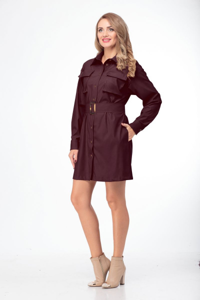 Платье-рубашка из эко-кожи с съёмным поясом и накладными карманами Anelli 800 бордо - фото 1