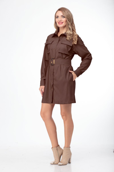Платье-рубашка из эко-кожи с накладными карманами и поясом Anelli 800 коричневый - фото 1