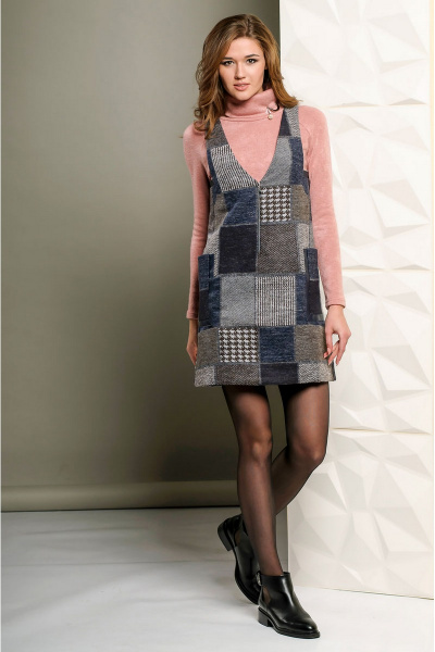 Демисезонный сарафан из ткани в клетку с накладными карманами Golden Valley 46254 серо-синий - фото 1