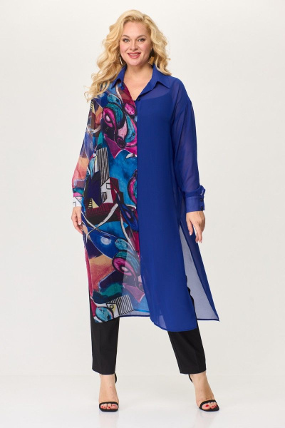 Длинная рубашка из шифона с классическим воротником и разрезами Avenue 0315 лазурный+дизайн - фото 1