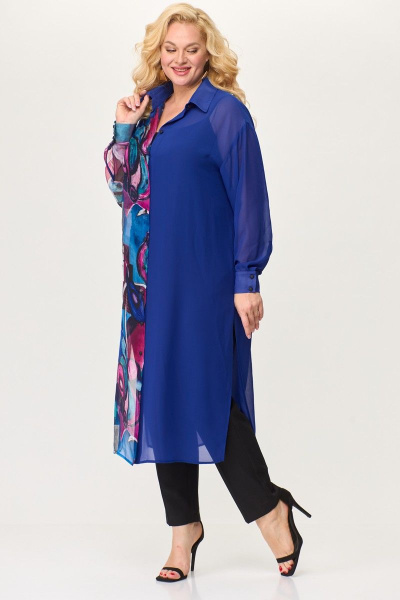 Длинная рубашка из шифона с классическим воротником и разрезами Avenue 0315 лазурный+дизайн - фото 4