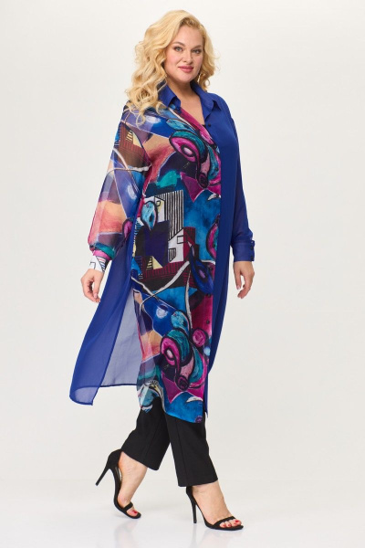 Длинная рубашка из шифона с классическим воротником и разрезами Avenue 0315 лазурный+дизайн - фото 3