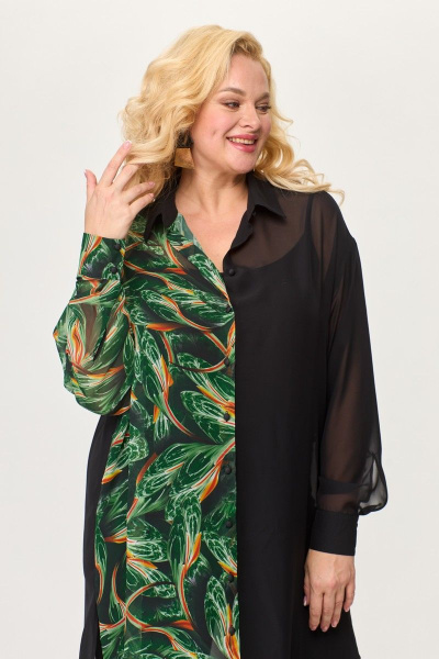 Свободная рубашка из шифона с разрезами и классическим воротником Avenue 0315-1 черный+дизайн - фото 7