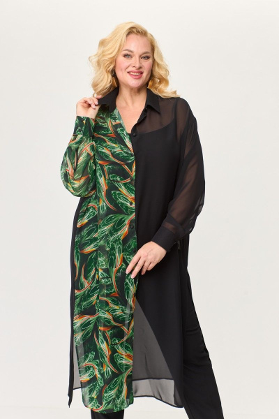 Свободная рубашка из шифона с разрезами и классическим воротником Avenue 0315-1 черный+дизайн - фото 6