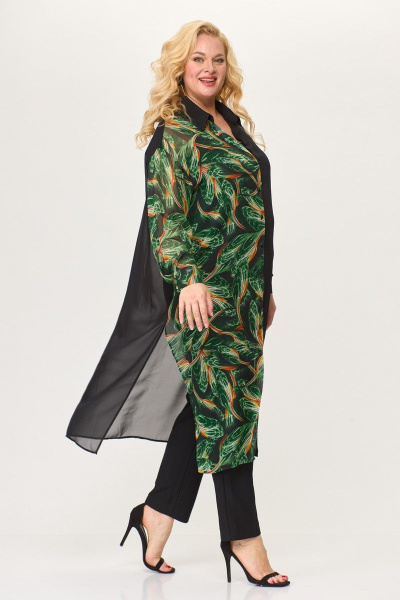 Свободная рубашка из шифона с разрезами и классическим воротником Avenue 0315-1 черный+дизайн - фото 3