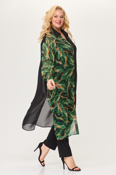 Свободная рубашка из шифона с разрезами и классическим воротником Avenue 0315-1 черный+дизайн - фото 2