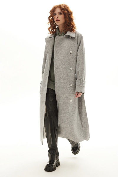 Модное серое демисезонное пальто с поясом Golden Valley 7139-1 серый - фото 5