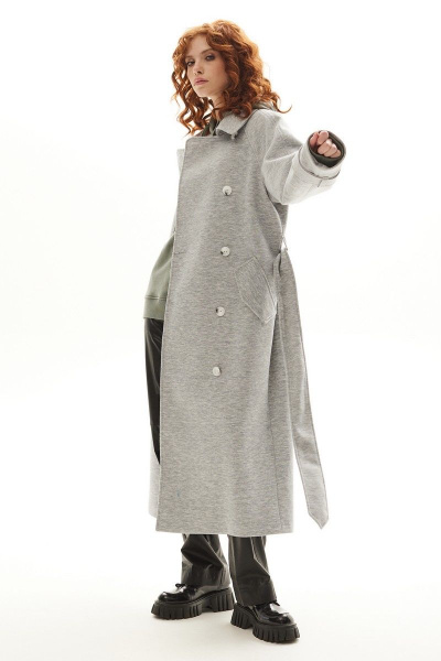 Модное серое демисезонное пальто с поясом Golden Valley 7139-1 серый - фото 4