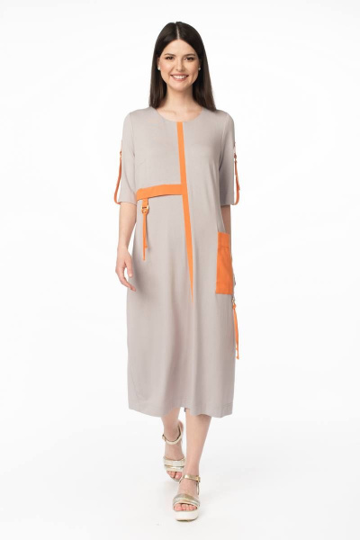 Платье из вискозы и трикотажа с асимметричным подрезом и яркой отделкой Stilville 1629 оранжевый - фото 5