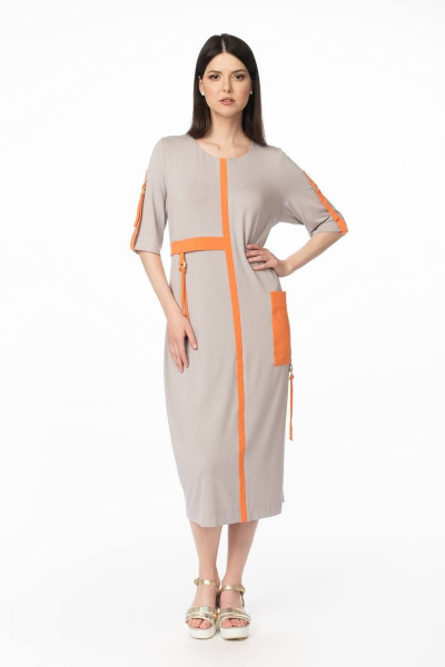 Платье из вискозы и трикотажа с асимметричным подрезом и яркой отделкой Stilville 1629 оранжевый - фото 4