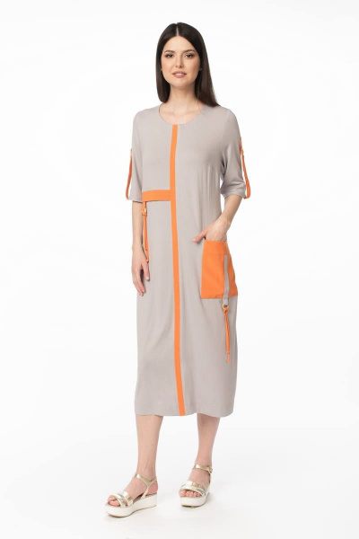 Платье из вискозы и трикотажа с асимметричным подрезом и яркой отделкой Stilville 1629 оранжевый - фото 2