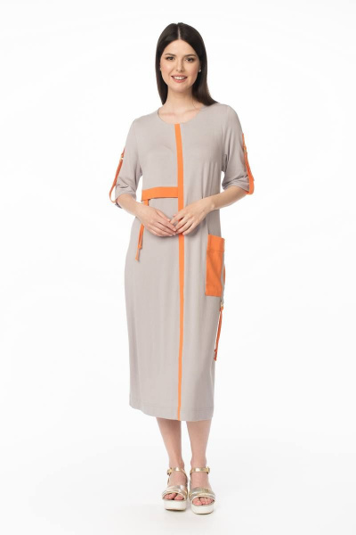 Платье из вискозы и трикотажа с асимметричным подрезом и яркой отделкой Stilville 1629 оранжевый - фото 1