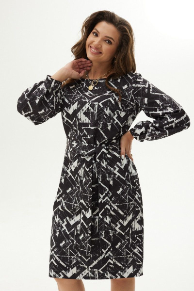 Черное платье прямого силуэта с шлицей и поясом MALI 423-048 черно-белый - фото 8