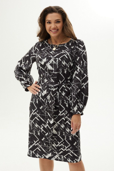 Черное платье прямого силуэта с шлицей и поясом MALI 423-048 черно-белый - фото 7