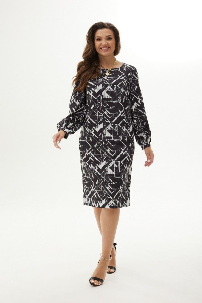 Черное платье прямого силуэта с шлицей и поясом MALI 423-048 черно-белый - фото 1