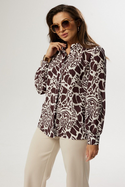 Коричневая блуза прямого силуэта с декоративными складками MALI 622-122 леопард - фото 4