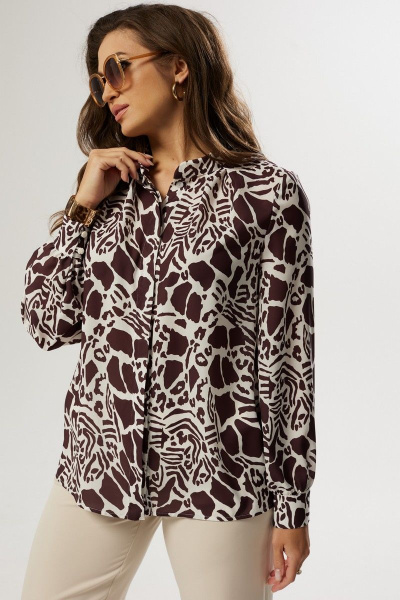 Коричневая блуза прямого силуэта с декоративными складками MALI 622-122 леопард - фото 2