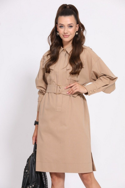 Платье с спущенным плечом, накладными карманами и разрезами Твой имидж 1560 песочный - фото 2