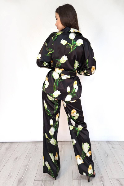 Костюм с рубашкой под пояс и брюками палаццо из текстиля Patriciа 01-5440 черный,белый - фото 3