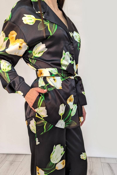 Костюм с рубашкой под пояс и брюками палаццо из текстиля Patriciа 01-5440 черный,белый - фото 2