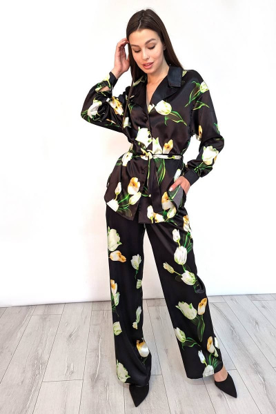 Костюм с рубашкой под пояс и брюками палаццо из текстиля Patriciа 01-5440 черный,белый - фото 1