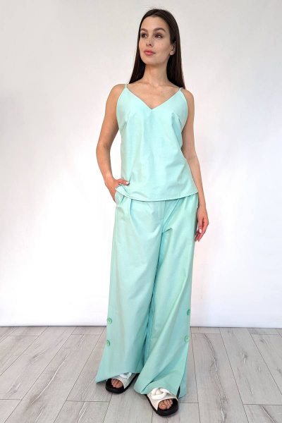 Летний костюм палаццо с открытыми плечами и V-образным вырезом Patriciа 02-5402 мятный - фото 2