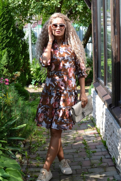 Платье с каскадными воланами и пышными рукавами из хлопка Patriciа NY15017-1 коричневый,персиковый - фото 1