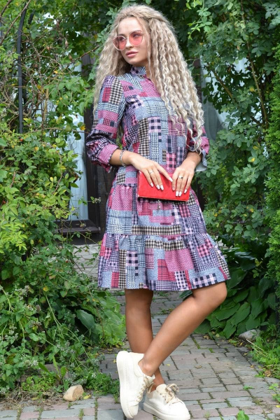 Платье прямого кроя с каскадными воланами и пышными рукавами Patriciа NY15017-1 красный,серый - фото 1