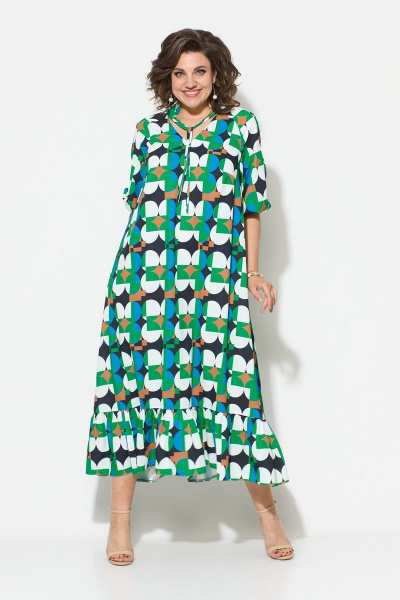 Летнее платье из текстиля с воланом и воротником-стойкой Koketka i K 1049 зеленый-белый - фото 7