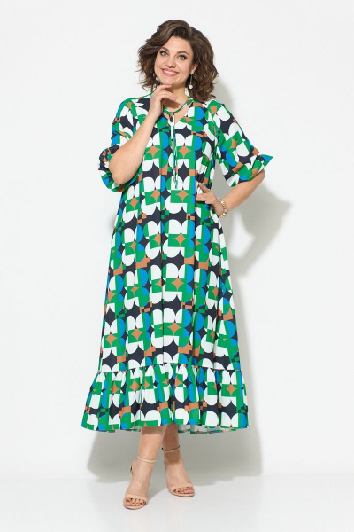 Летнее платье из текстиля с воланом и воротником-стойкой Koketka i K 1049 зеленый-белый - фото 6