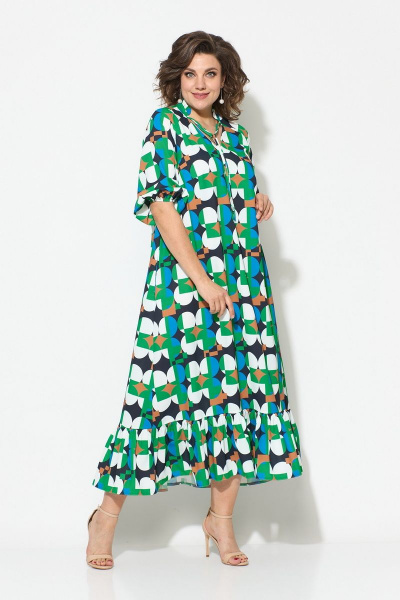 Летнее платье из текстиля с воланом и воротником-стойкой Koketka i K 1049 зеленый-белый - фото 5