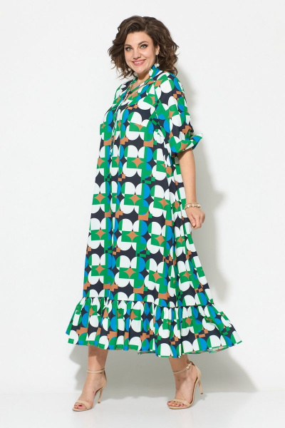 Летнее платье из текстиля с воланом и воротником-стойкой Koketka i K 1049 зеленый-белый - фото 3