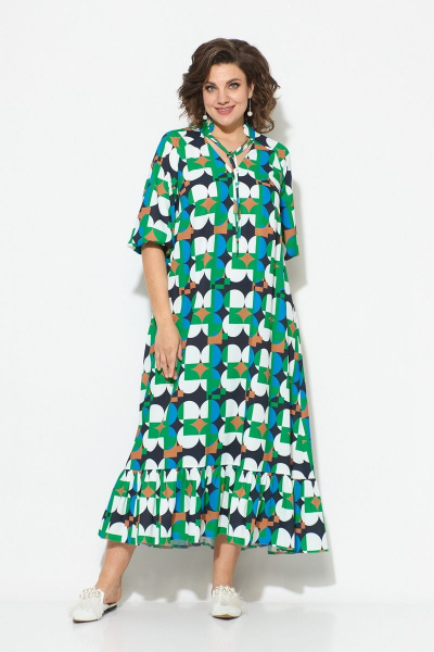 Летнее платье из текстиля с воланом и воротником-стойкой Koketka i K 1049 зеленый-белый - фото 1