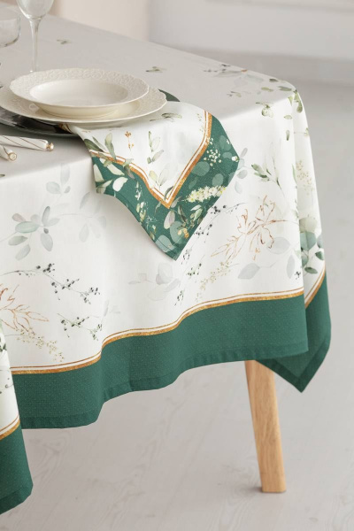 Круглая белая скатерть с зеленой каймой 145см для стола Listelle 512102 - фото 8