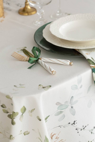 Круглая белая скатерть с зеленой каймой 145см для стола Listelle 512102 - фото 7