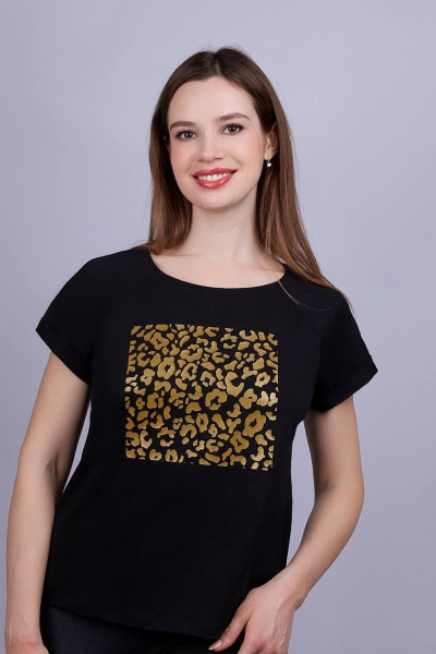 Полуприлегающий джемпер из хлопка с регланом Verally 431П-2 гепард на чёрном - фото 1